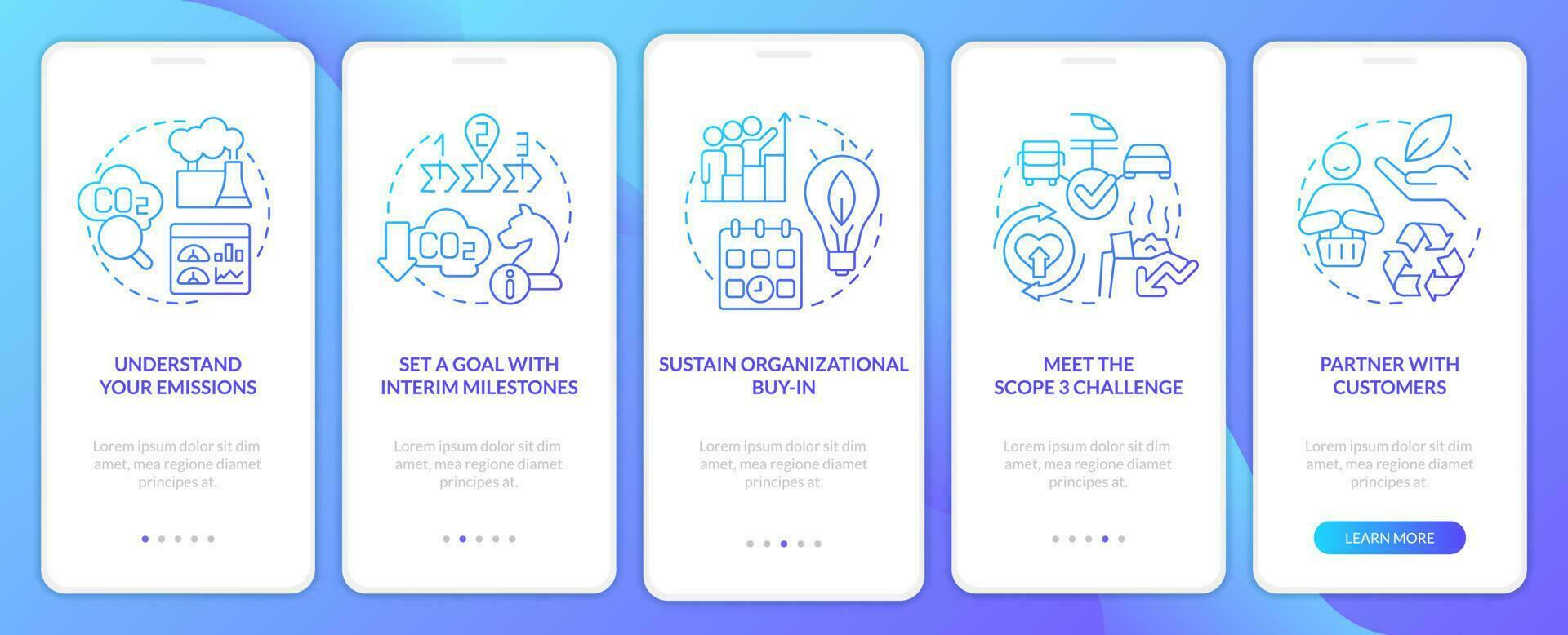 Change to net zero blue gradient onboarding mobile app screen. Reduce emissions walkthrough 5 steps graphic instructions with linear concepts. UI, UX, GUI template vector
