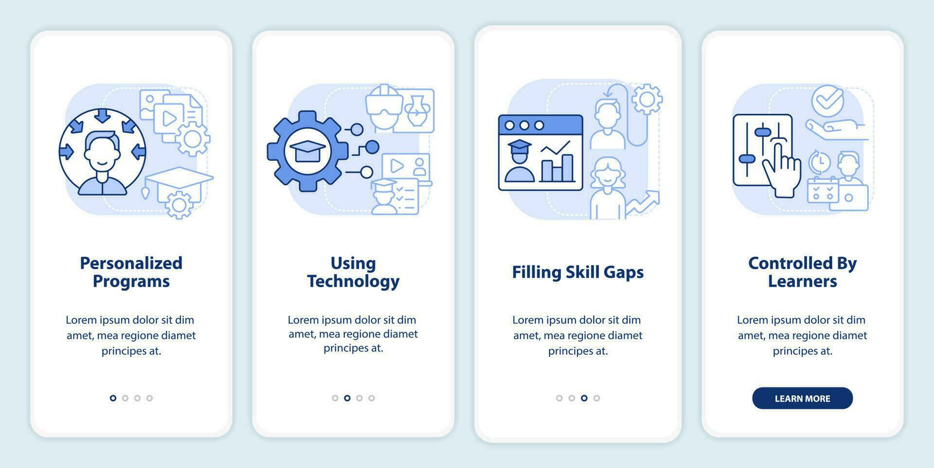 Microlearning methods light blue onboarding mobile app screen. Walkthrough 4 steps editable graphic instructions with linear concepts. UI, UX, GUI template vector