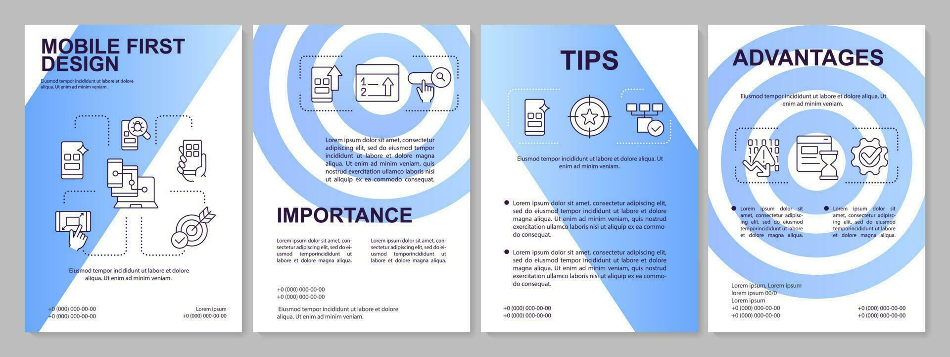 Mobile first design process blue brochure template. Leaflet design with linear icons. Editable 4 vector layouts for presentation, annual reports