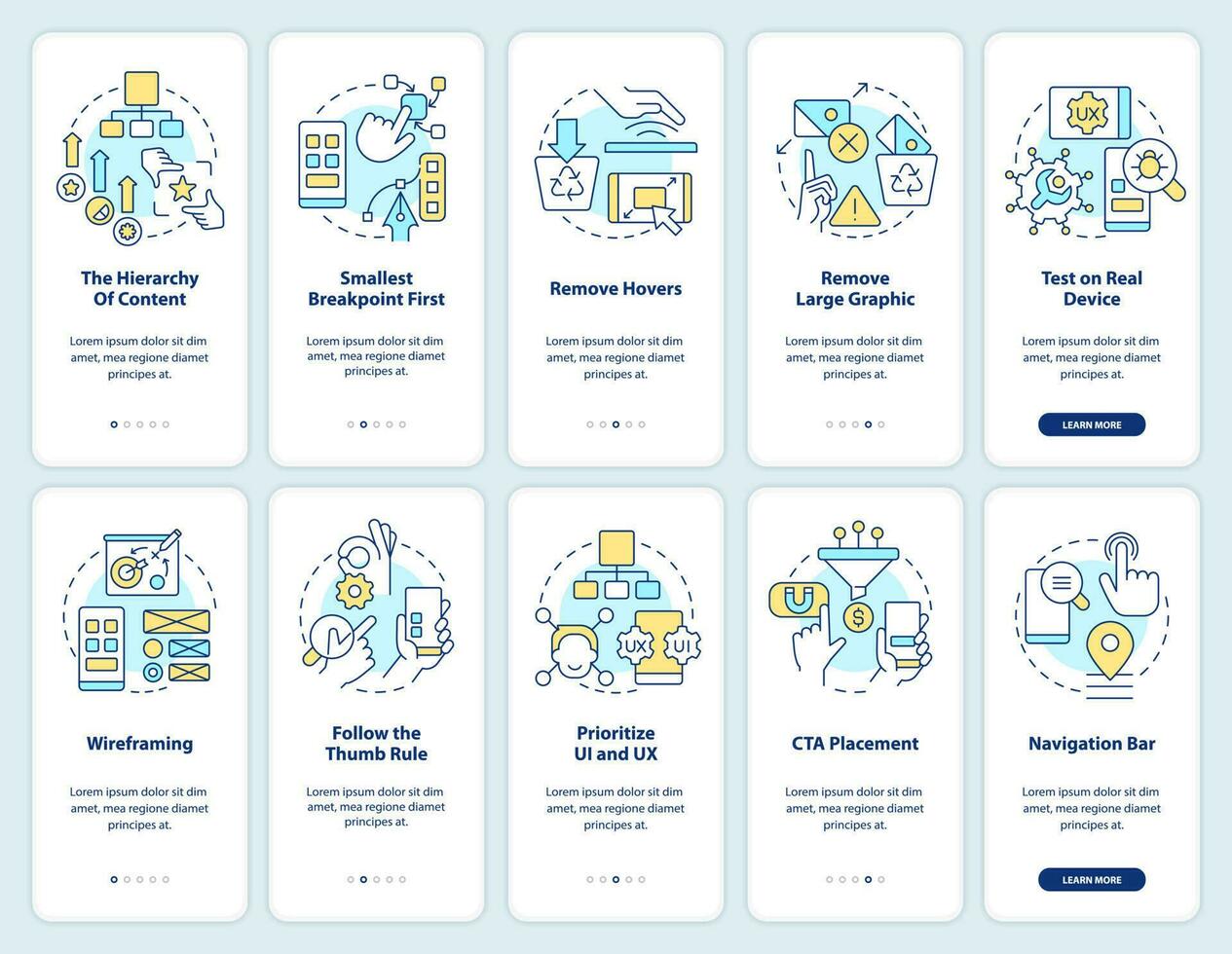 Mobile first design onboarding mobile app screen set. Walkthrough 5 steps editable graphic instructions with linear concepts. UI, UX, GUI template vector