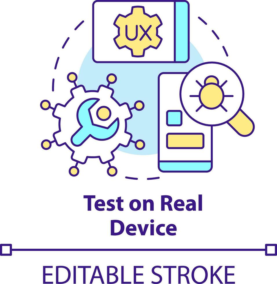 Test on real device concept icon. Errors research. Mobile first design process abstract idea thin line illustration. Isolated outline drawing. Editable stroke vector