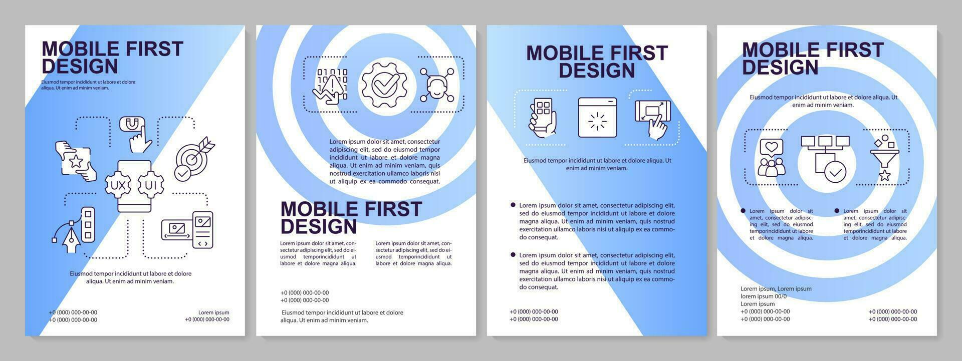 Mobile first design blue brochure template. Leaflet design with linear icons. Editable 4 vector layouts for presentation, annual reports