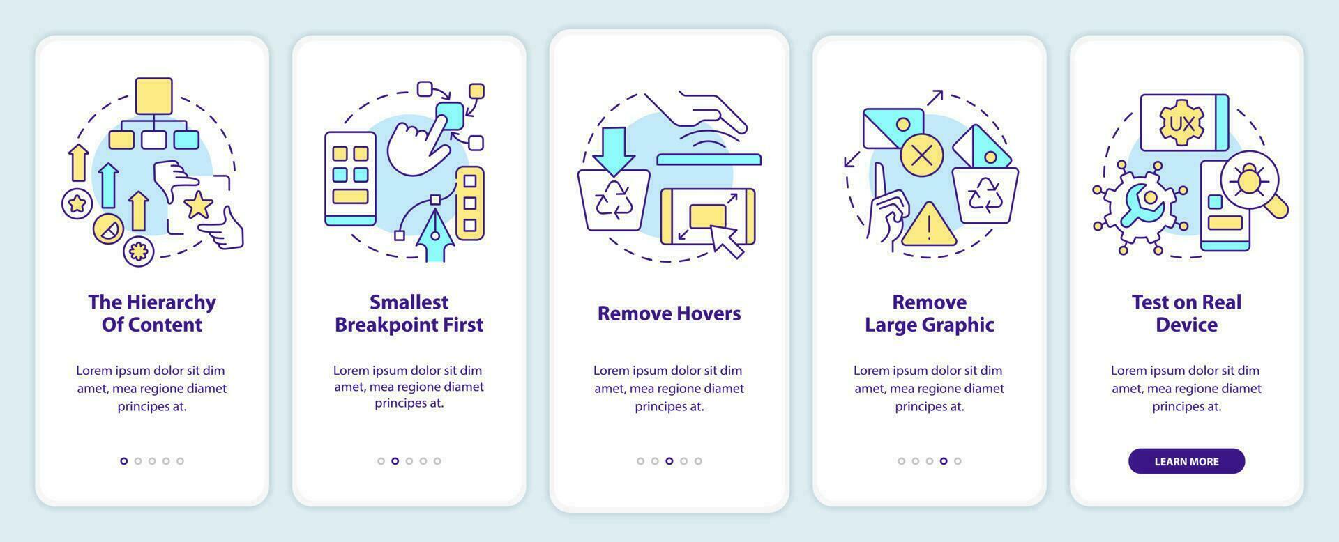 Mobile first design process onboarding mobile app screen. Walkthrough 5 steps editable graphic instructions with linear concepts. UI, UX, GUI template vector