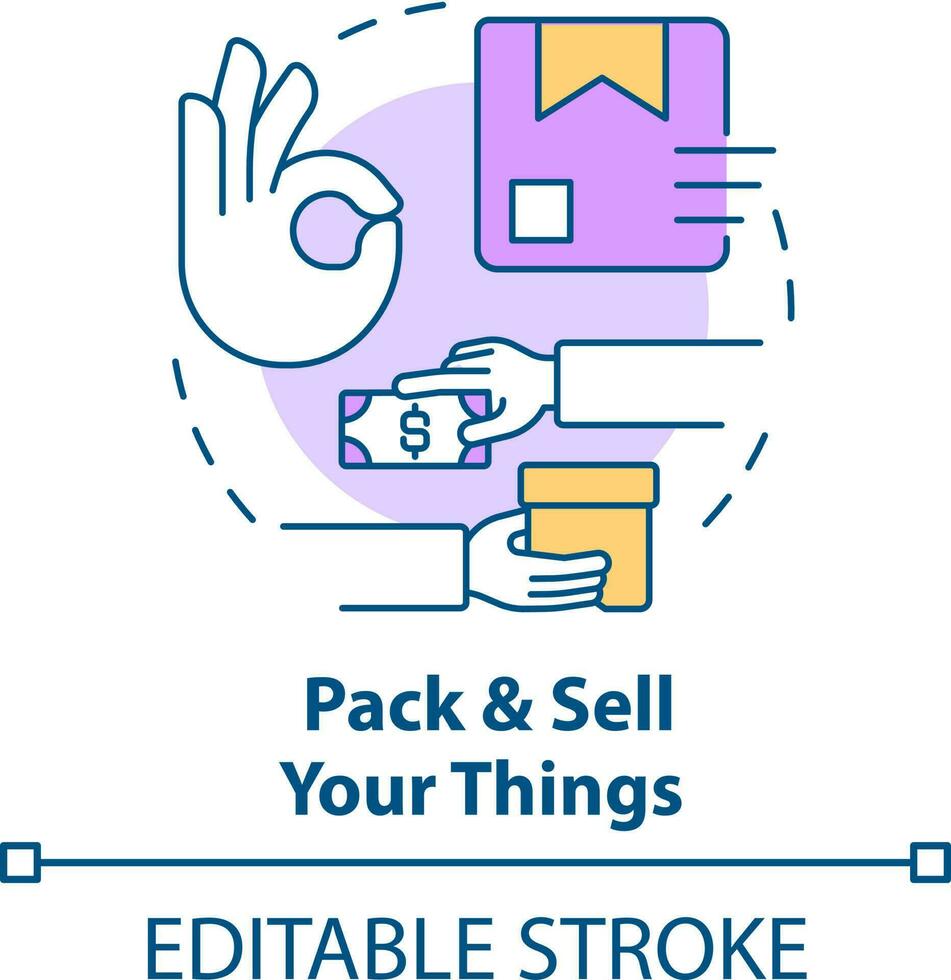 Manage belongings concept icon. Yard sale. Pack and sell your things abstract idea thin line illustration. Isolated outline drawing. Editable stroke vector