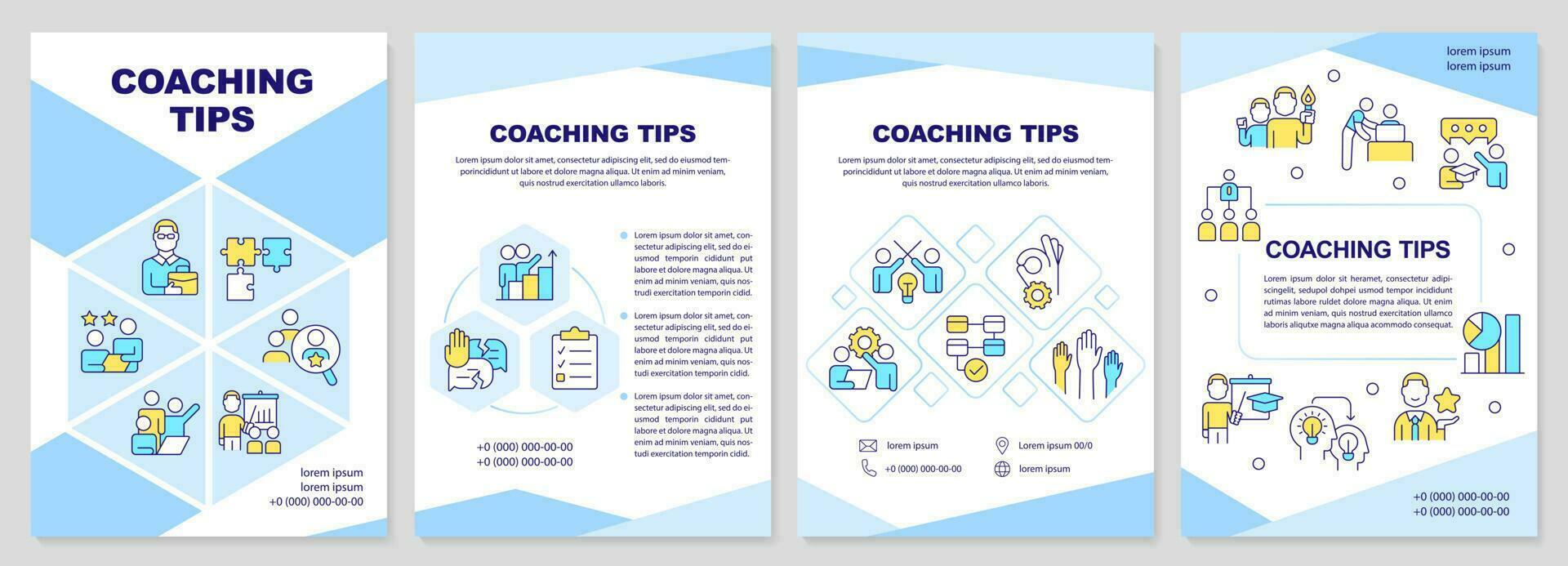 Coaching tips blue brochure template. Be role model to mentee. Leaflet design with linear icons. Editable 4 vector layouts for presentation, annual reports