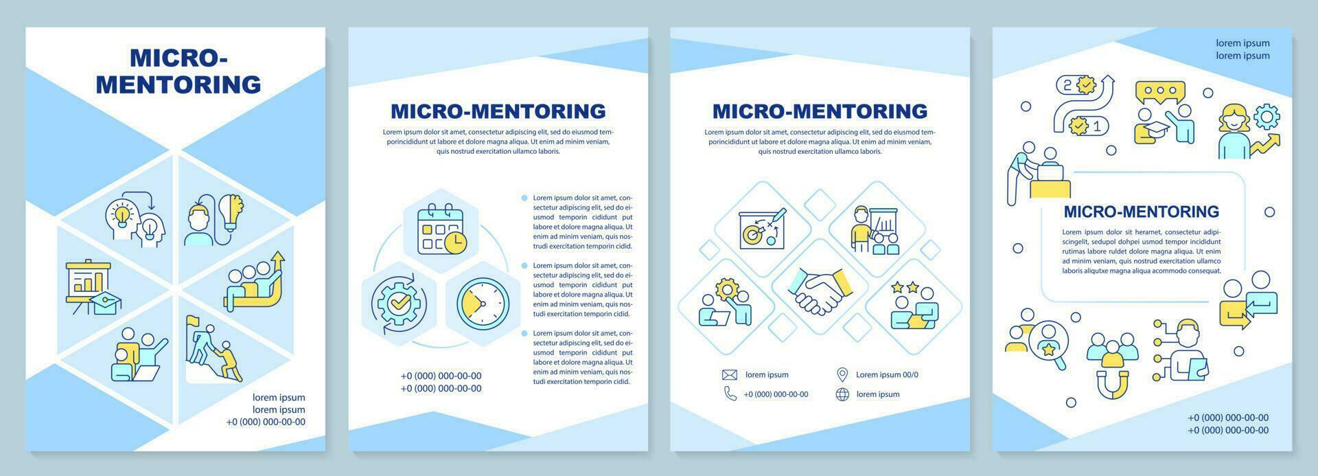 micro-tutoría azul folleto modelo. lugar de trabajo entrenamiento. folleto diseño con lineal iconos editable 4 4 vector diseños para presentación, anual informes