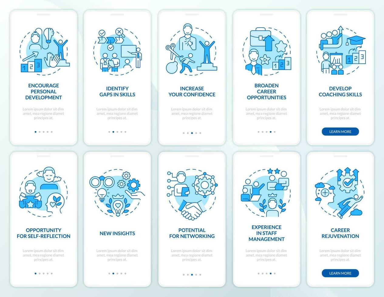 Mentoring in workplace benefits blue onboarding mobile app screen set. Walkthrough 5 steps editable graphic instructions with linear concepts. UI, UX, GUI template vector