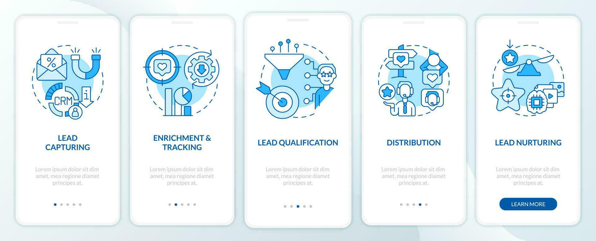 Lead management process blue onboarding mobile app screen. Promotion walkthrough 5 steps editable graphic instructions with linear concepts. UI, UX, GUI template vector