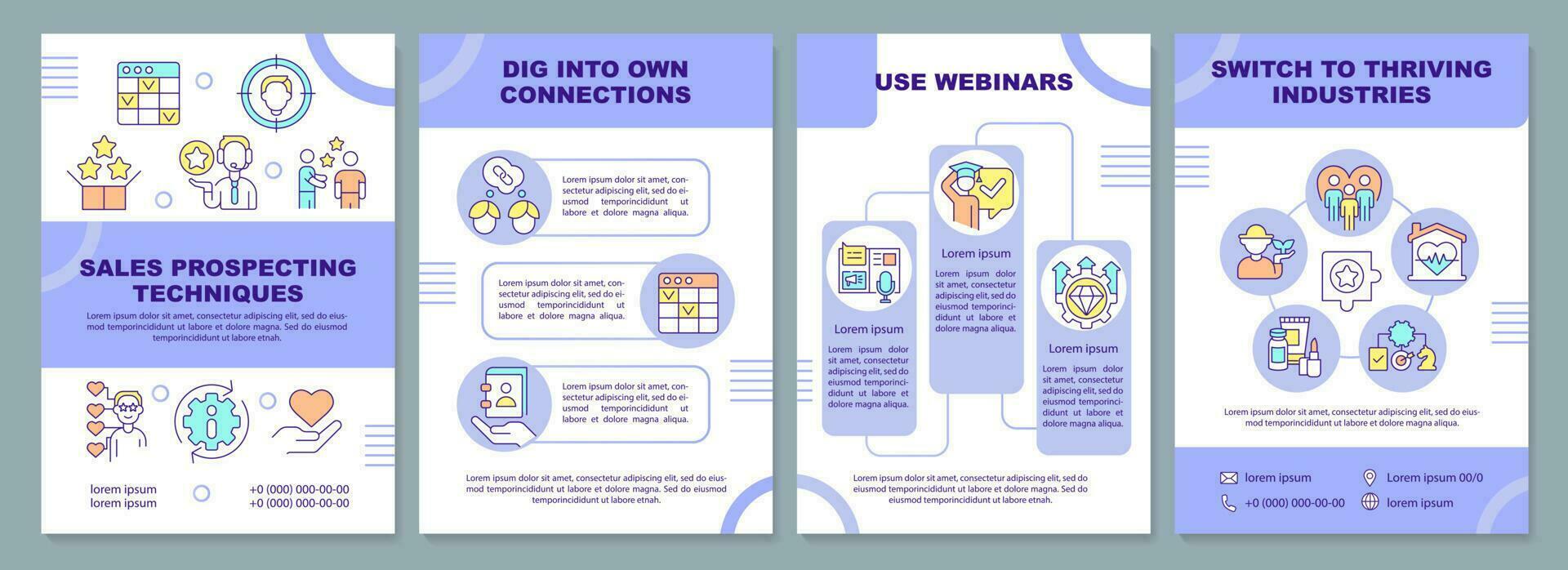 Sales prospecting techniques purple brochure template. Leaflet design with linear icons. Editable 4 vector layouts for presentation, annual reports