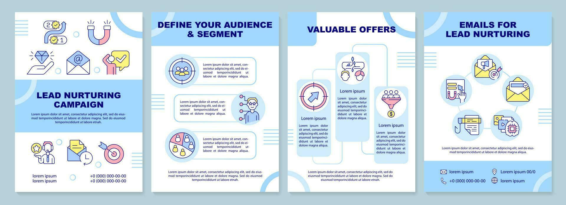 Lead nurturing campaign blue brochure template. Promotion. Leaflet design with linear icons. Editable 4 vector layouts for presentation, annual reports