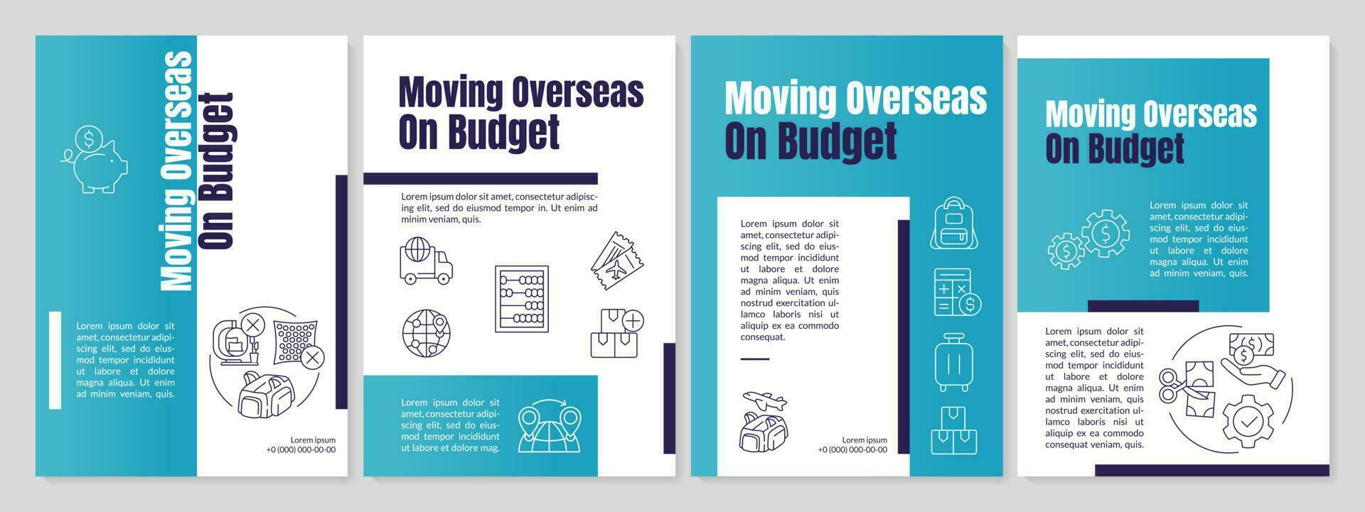 Moving overseas on budget teal brochure template. Cheap moving. Leaflet design with linear icons. Editable 4 vector layouts for presentation, annual reports