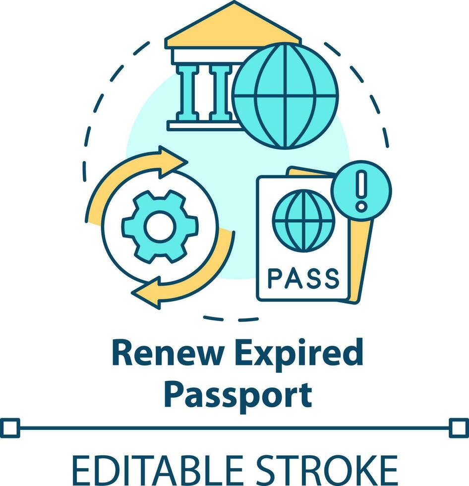 Renew expired passport concept icon. Embassy services. Renewal travel document abstract idea thin line illustration. Isolated outline drawing. Editable stroke vector