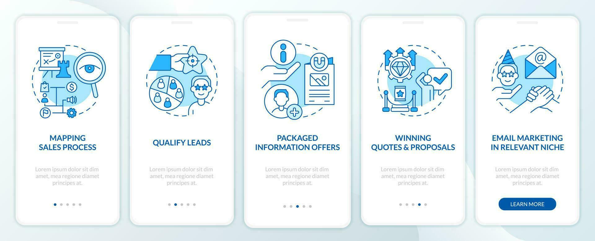 Process of lead conversion blue onboarding mobile app screen. Walkthrough 5 steps editable graphic instructions with linear concepts. UI, UX, GUI template vector