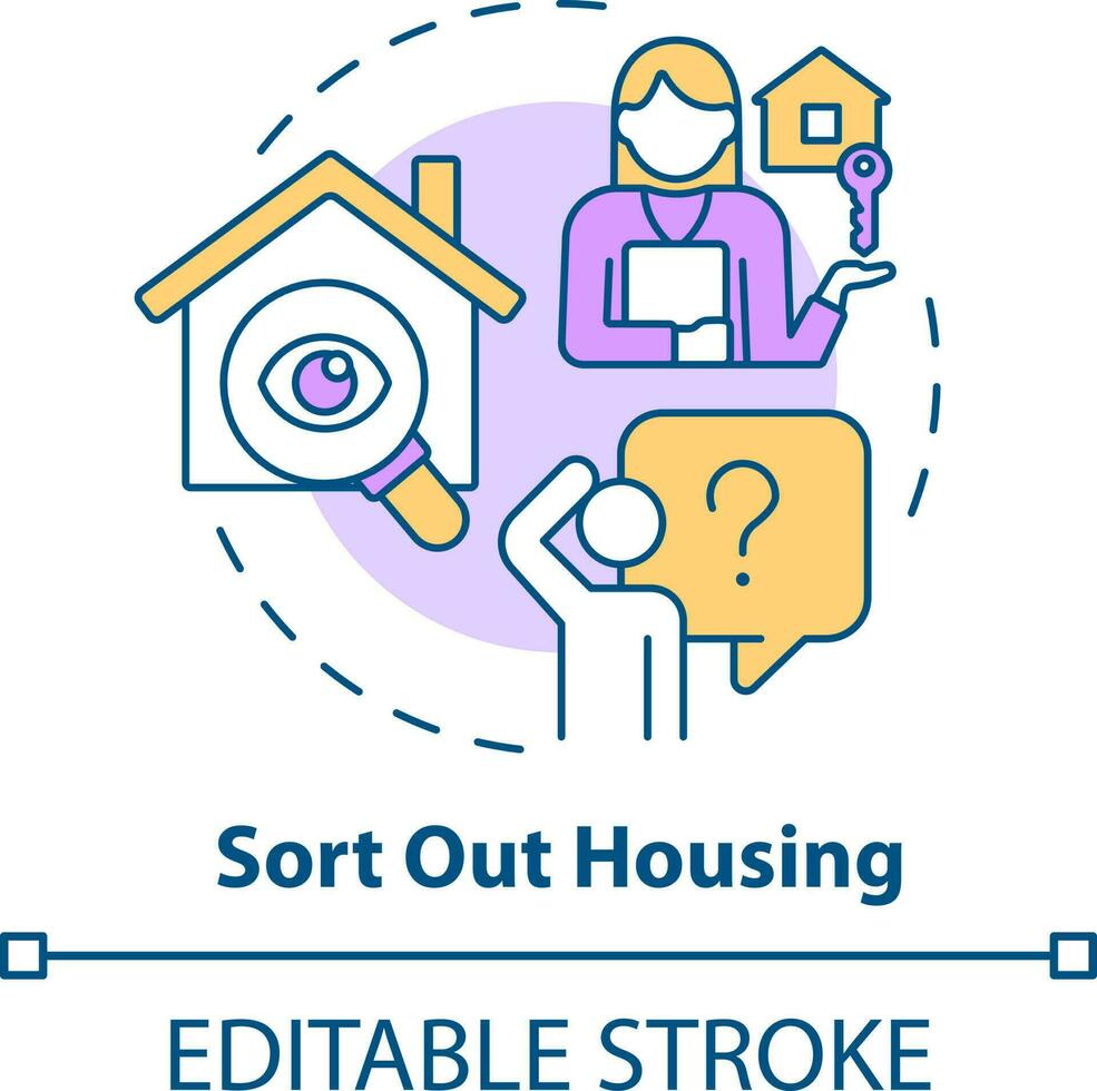 Sort out housing concept icon. Home question. Search apartment. Arranging dwelling abstract idea thin line illustration. Isolated outline drawing. Editable stroke vector