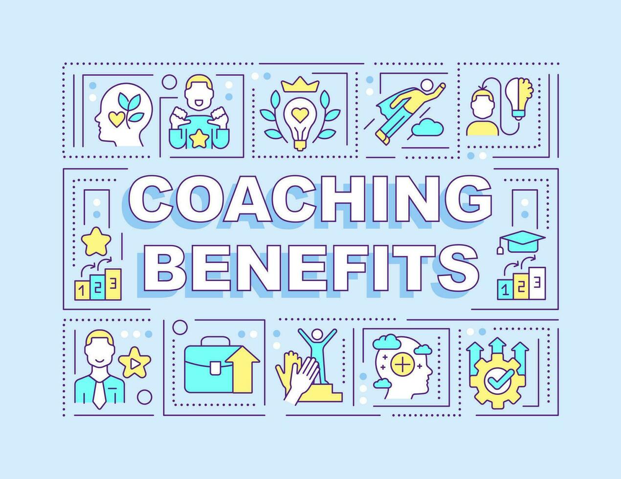 Coaching benefits word concepts blue banner. Improving work performance. Infographics with editable icons on color background. Isolated typography. Vector illustration with text