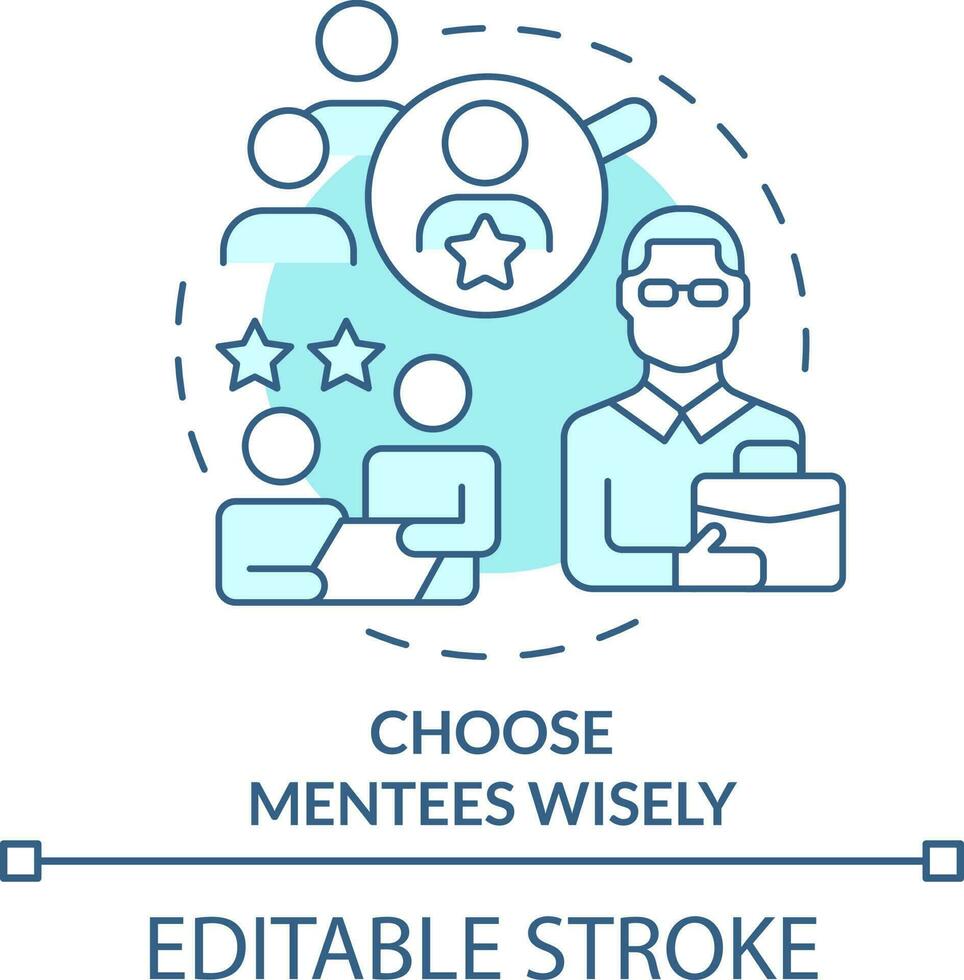 Choose mentees wisely turquoise concept icon. Tip for mentor abstract idea thin line illustration. Select trainees. Isolated outline drawing. Editable stroke vector