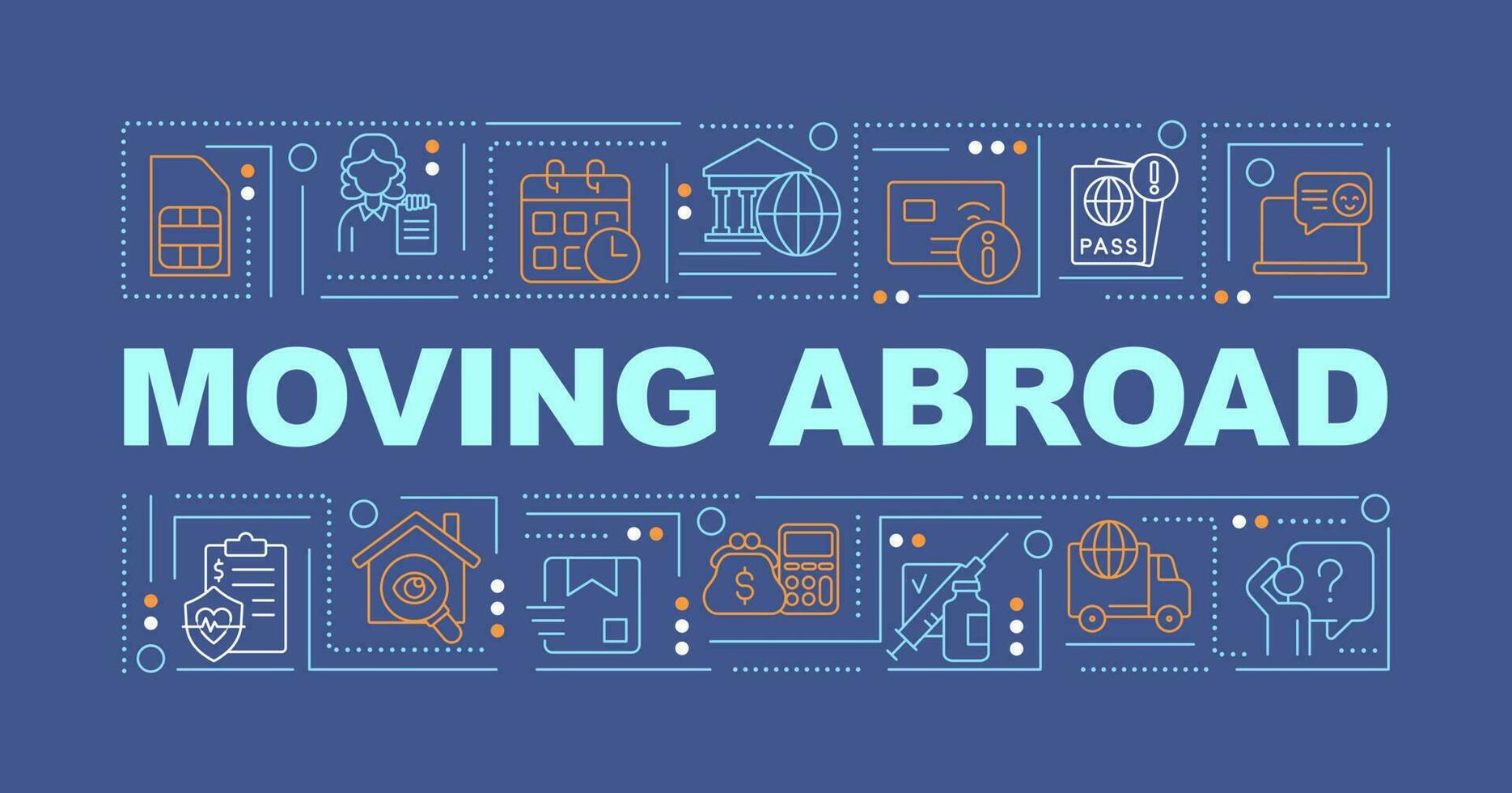 Moving overseas word concepts blue banner. Prepare to live abroad. Infographics with editable icons on color background. Isolated typography. Vector illustration with text