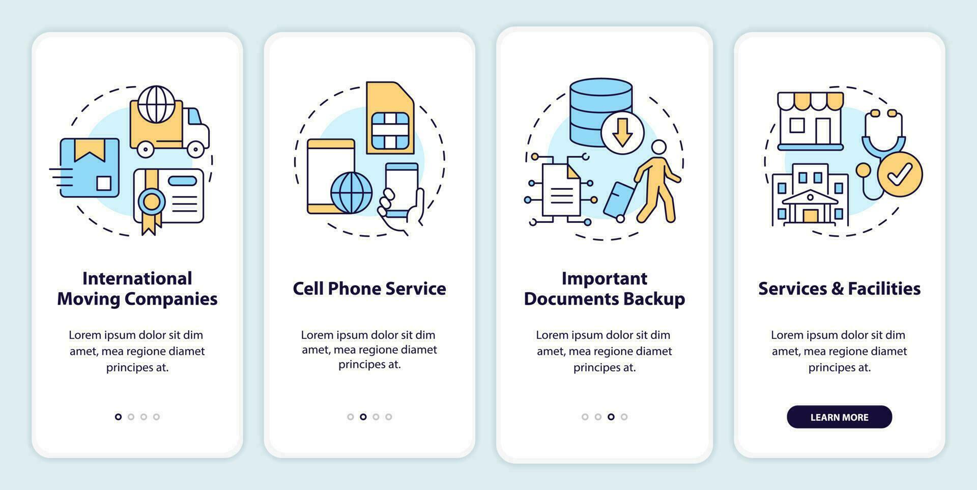 Relocating abroad tips onboarding mobile app screen. Legal immigration walkthrough 4 steps editable graphic instructions with linear concepts. UI, UX, GUI template vector