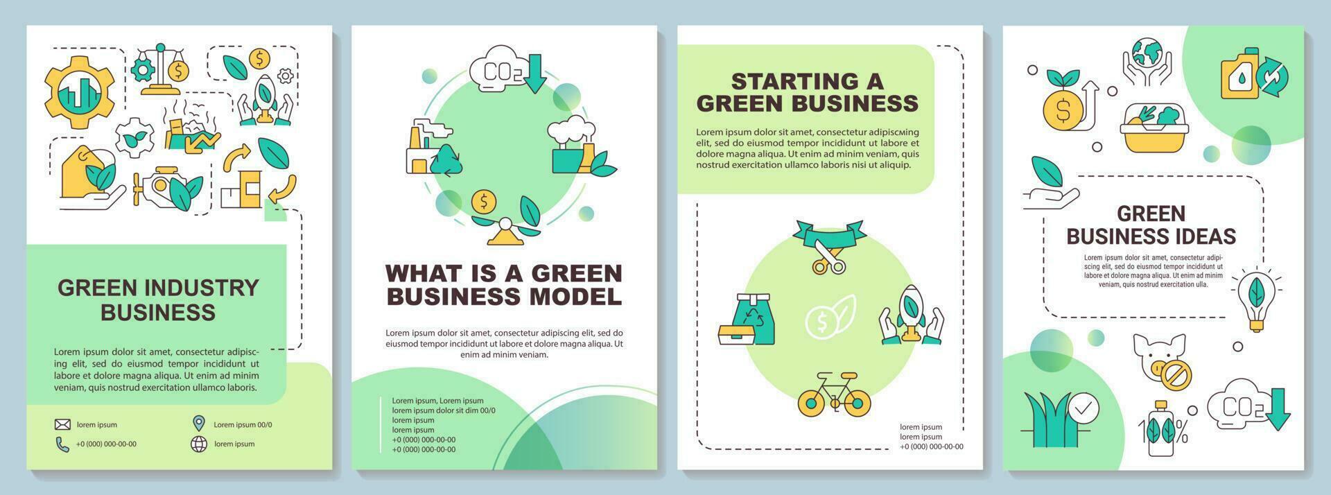 Ecological industry business green brochure template. Leaflet design with linear icons. Editable 4 vector layouts for presentation, annual reports