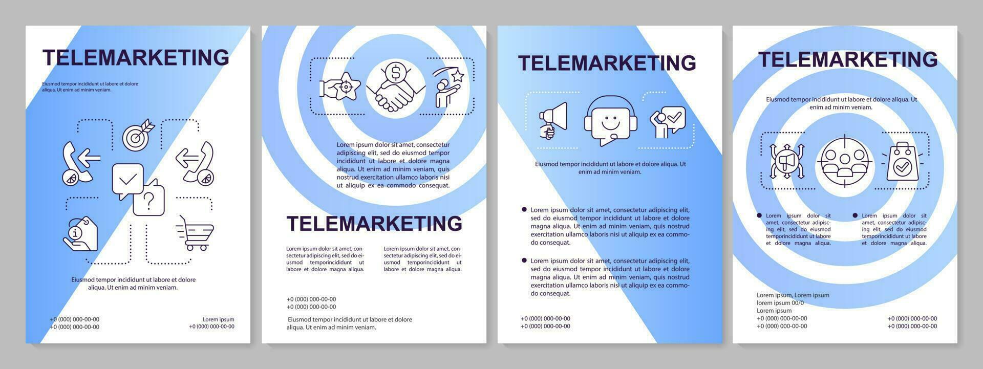 Telemarketing campaign blue brochure template. Sales with phone calls. Leaflet design with linear icons. 4 vector layouts for presentation, annual reports