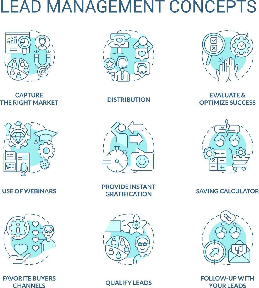 dirigir administración turquesa concepto íconos colocar. márketing estrategia para negocio idea Delgado línea color ilustraciones. aislado simbolos editable carrera vector