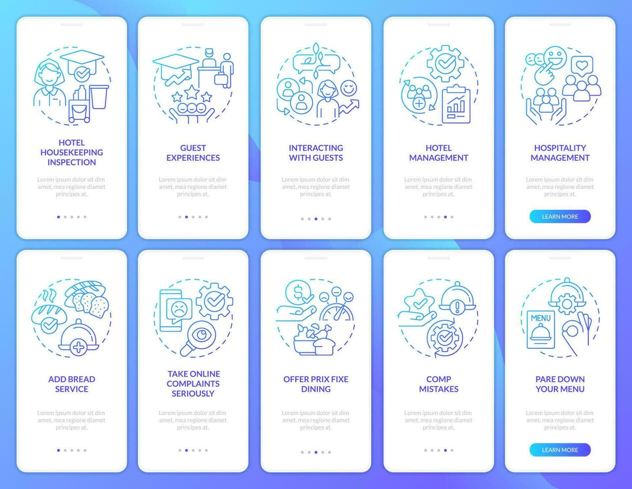 Hospitality industry trends blue gradient onboarding mobile app screen set. Walkthrough 5 steps graphic instructions with linear concepts. UI, UX, GUI template vector