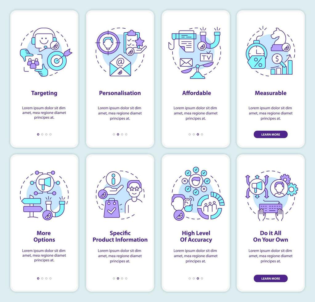 Benefits of direct marketing onboarding mobile app screen set. Pros walkthrough 4 steps editable graphic instructions with linear concepts. UI, UX, GUI template vector