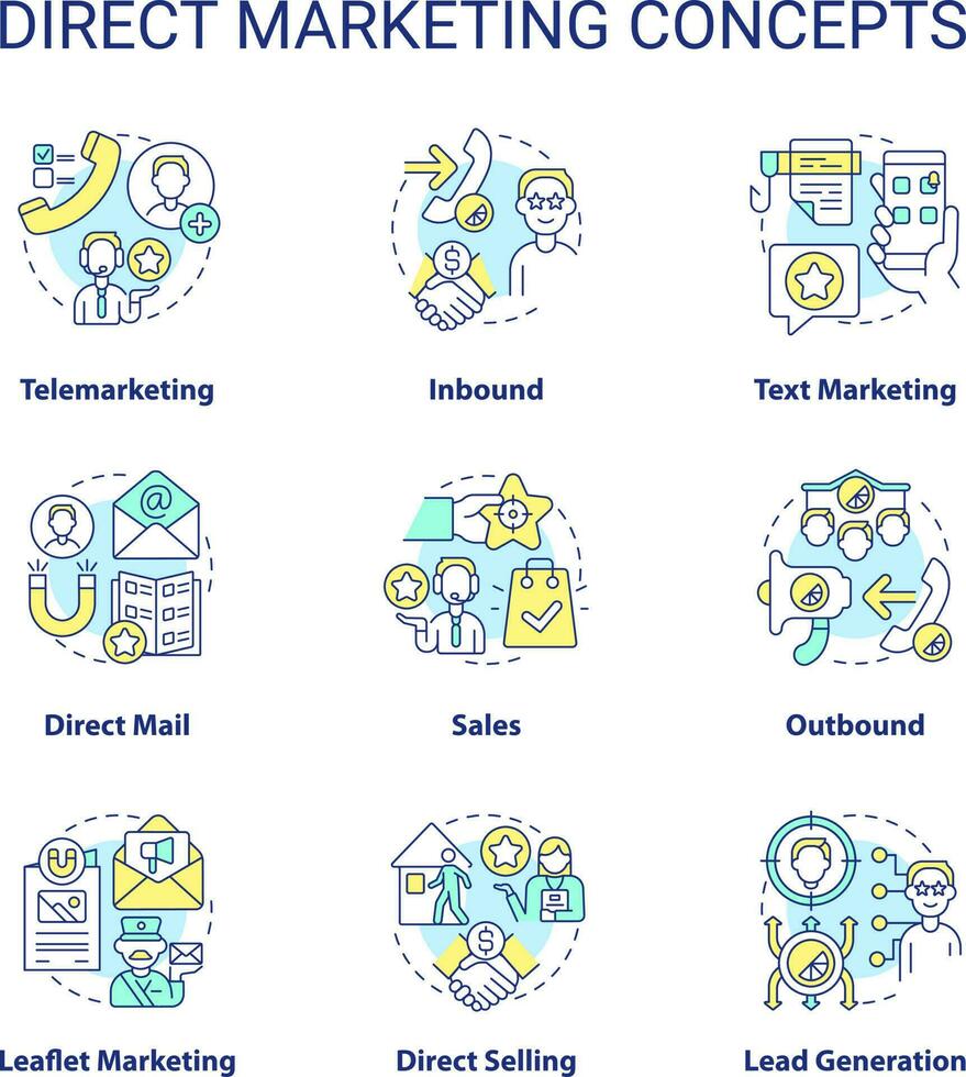 Direct marketing concept icons set. Strategy of individual sales. Business idea thin line color illustrations. Isolated symbols. Editable stroke vector