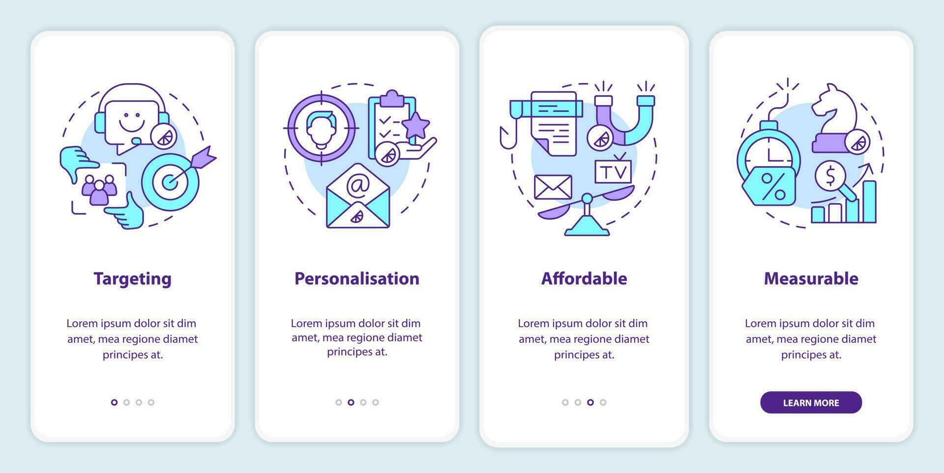 Direct marketing benefits onboarding mobile app screen. Advantages walkthrough 4 steps editable graphic instructions with linear concepts. UI, UX, GUI template vector