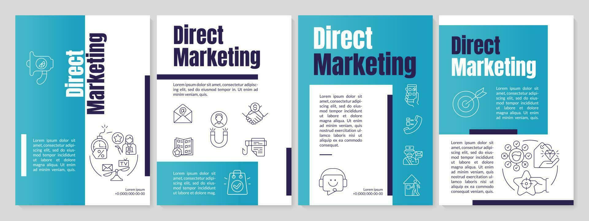 Direct marketing strategy blue brochure template. Advertisement. Leaflet design with linear icons. Editable 4 vector layouts for presentation, annual reports