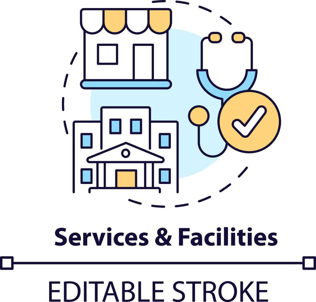 Services and facilities concept icon. Basic needs. Essential public infrastructure abstract idea thin line illustration. Isolated outline drawing. Editable stroke vector