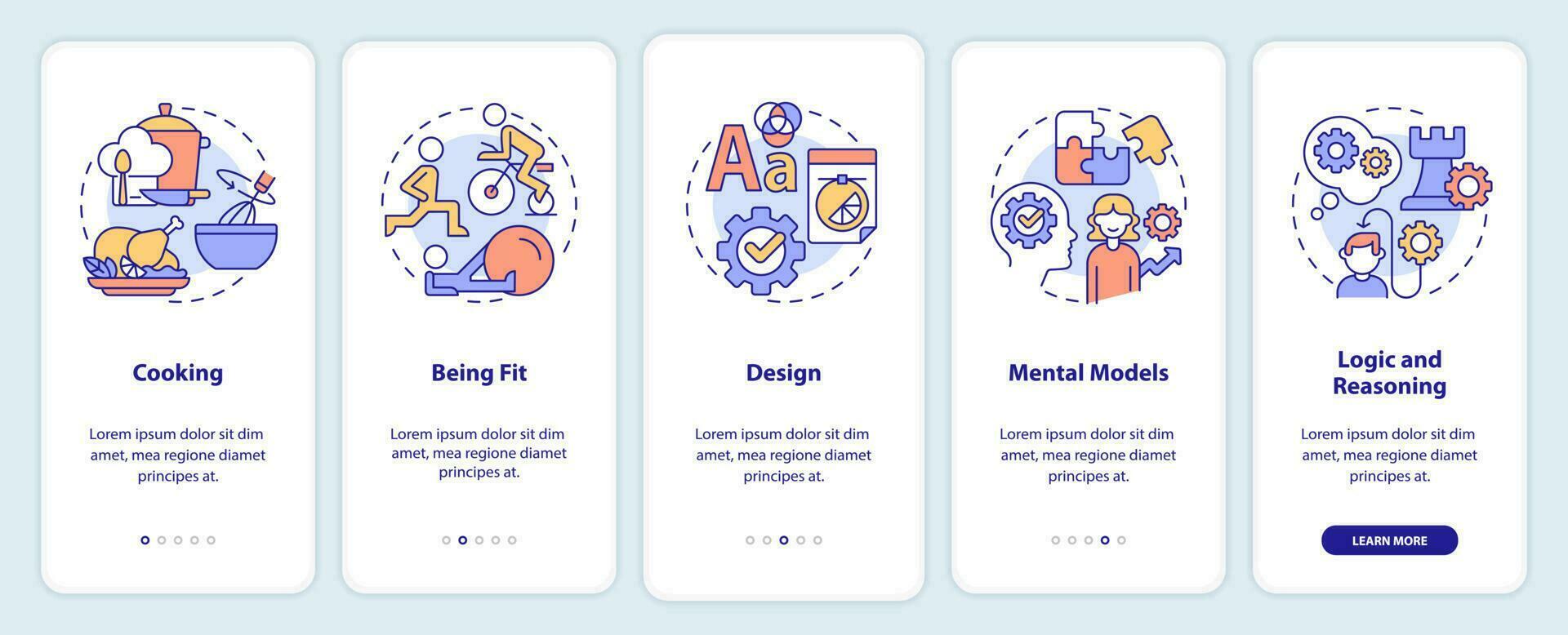 Life skills onboarding mobile app screen. Abilities and talents walkthrough 5 steps editable graphic instructions with linear concepts. UI, UX, GUI template vector
