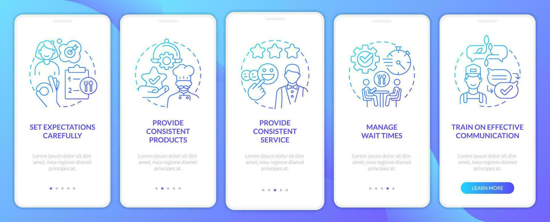 Customer service in food industry blue gradient onboarding mobile app screen. Walkthrough 5 steps graphic instruction with linear concepts. UI, UX, GUI template vector