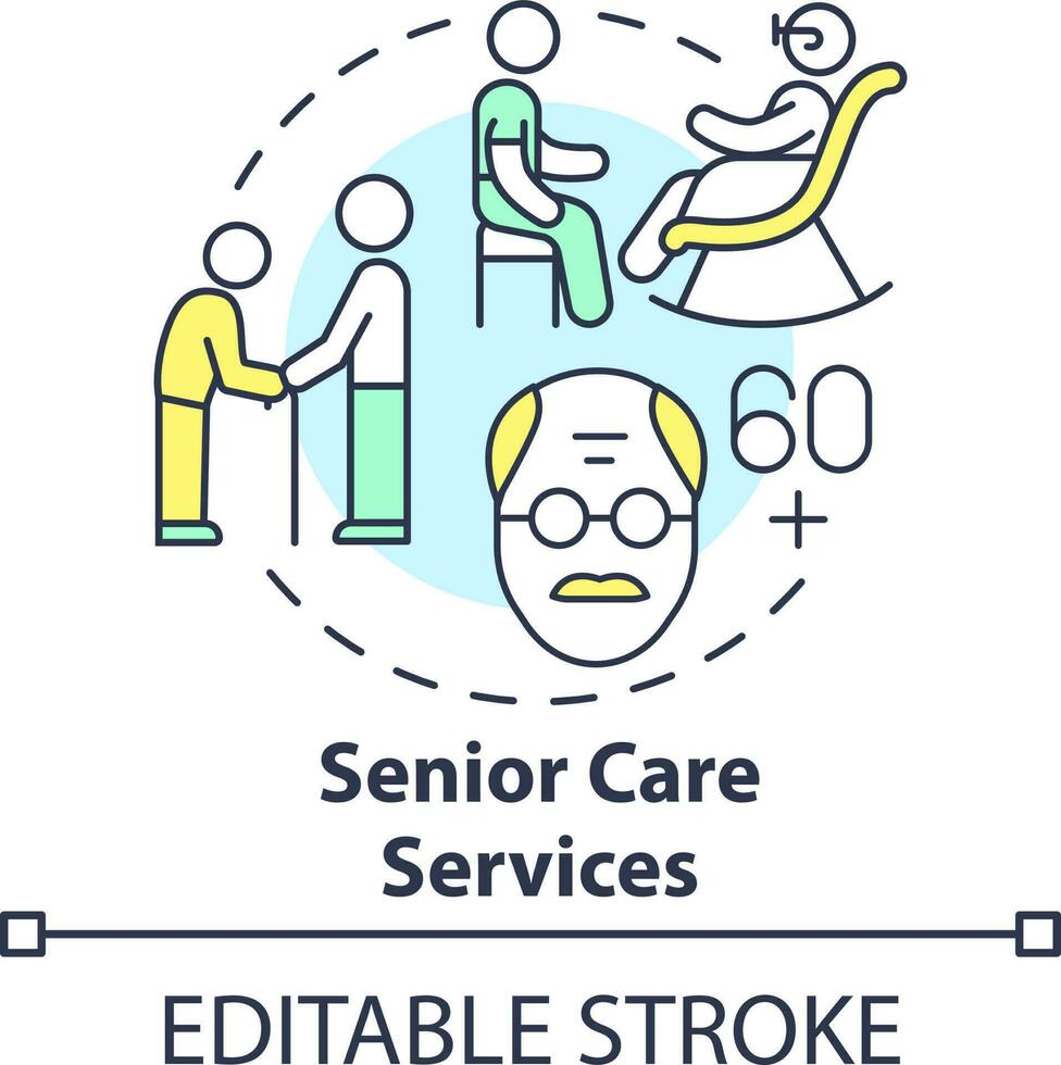 Senior care services concept icon. Elderly people. In demand small business type abstract idea thin line illustration. Isolated outline drawing. Editable stroke vector