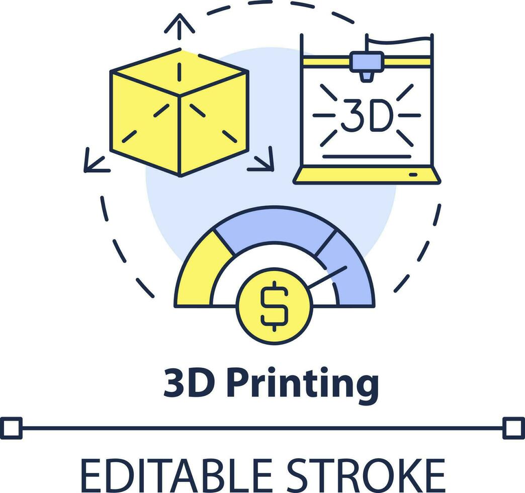 Three dimensional printing concept icon. Innovation. Future business trend abstract idea thin line illustration. Isolated outline drawing. Editable stroke vector