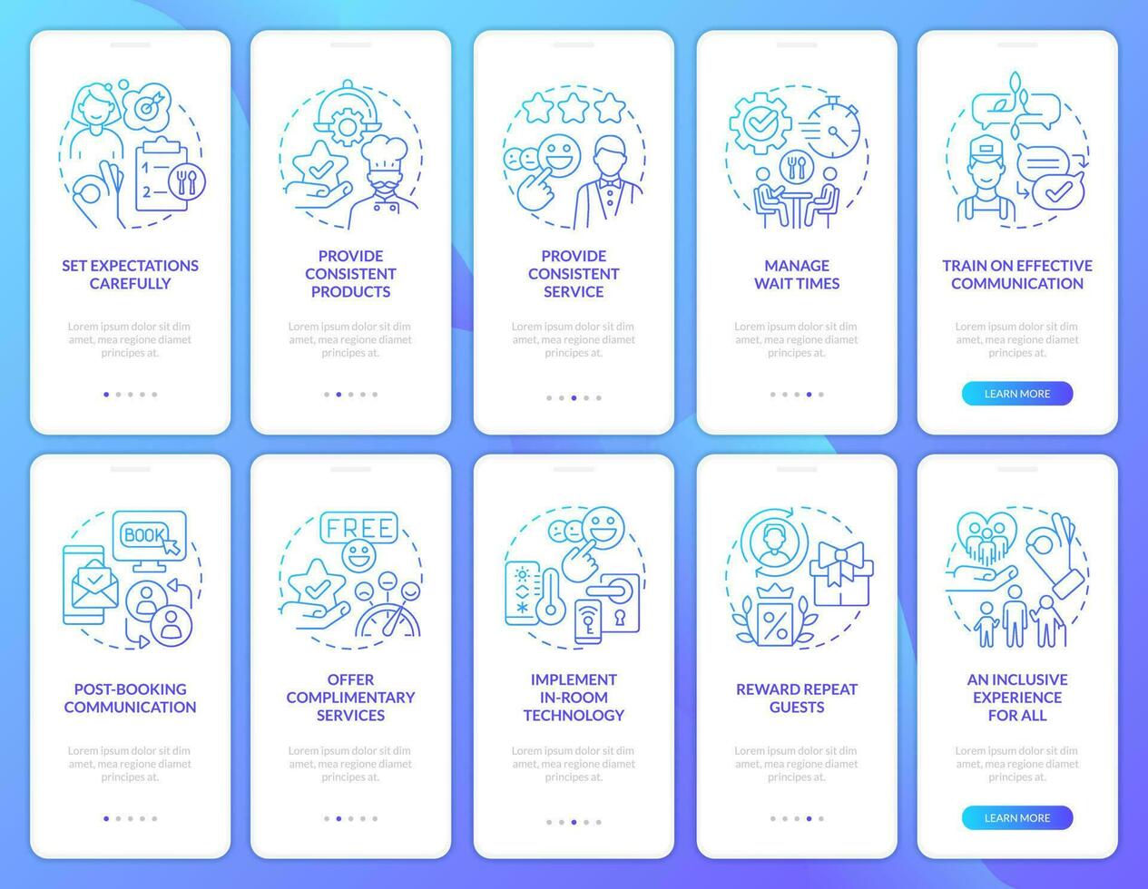 Excellent customer service in restaurant gradient onboarding mobile app screen set. Walkthrough 5 steps graphic instruction with linear concepts. UI, UX template vector
