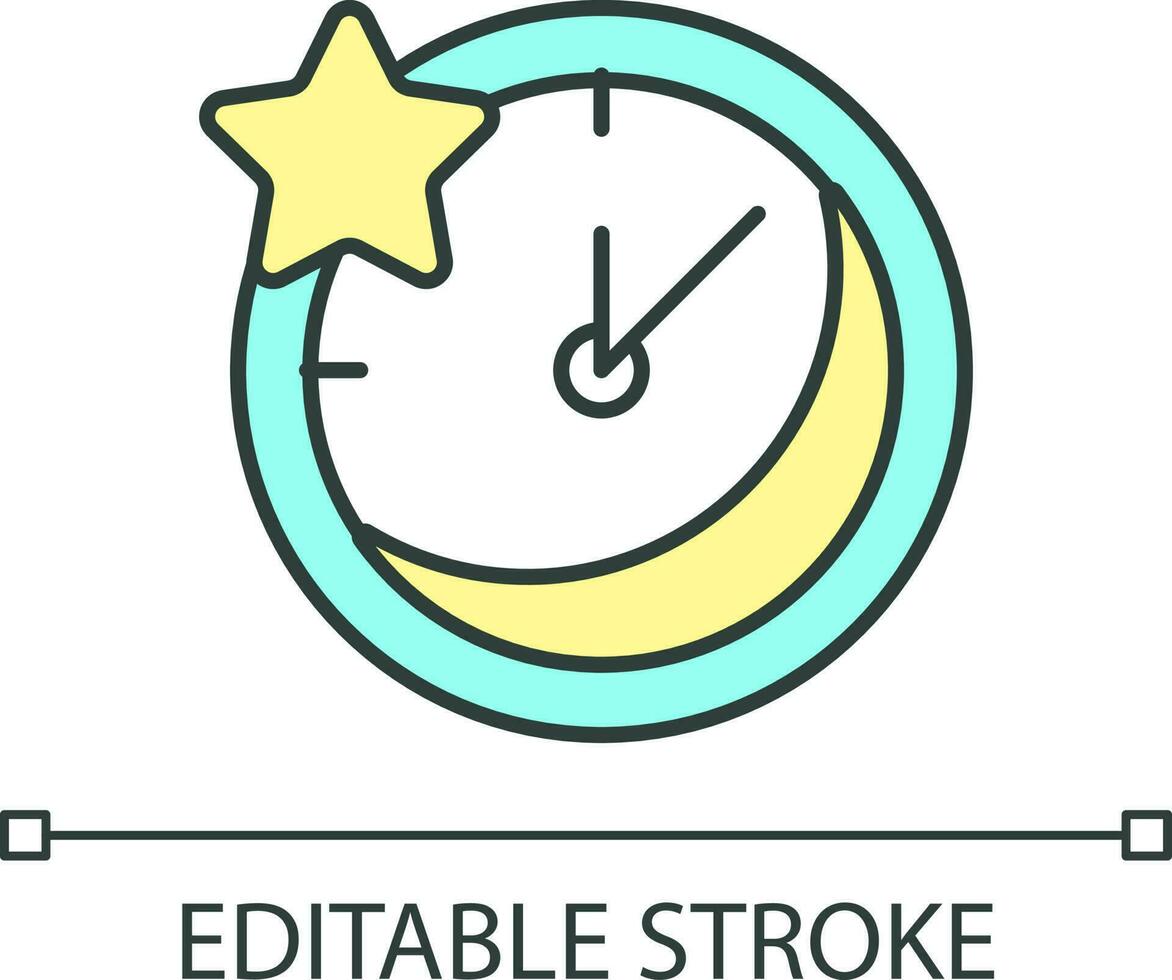 Nighttime RGB color icon. Sleeping time. Bedtime hours. Rest at night. Alarm clock. Timepiece. Isolated vector illustration. Simple filled line drawing. Editable stroke