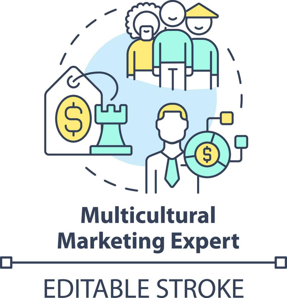 Multicultural marketing expert concept icon. In demand small business idea abstract idea thin line illustration. Isolated outline drawing. Editable stroke vector