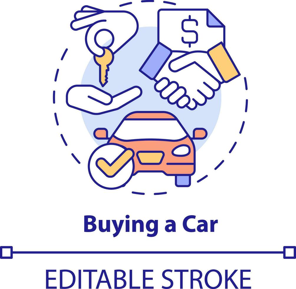 Buying car concept icon. Life skill abstract idea thin line illustration. Purchasing vehicle. Car dealership. Auto loan. Isolated outline drawing. Editable stroke vector