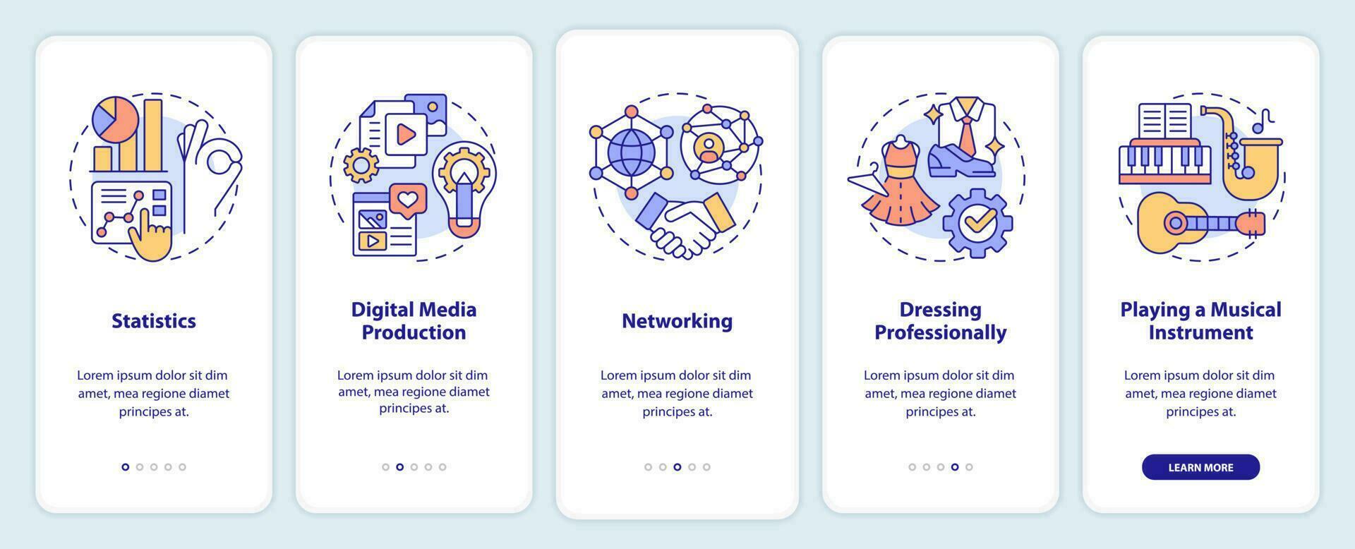 Professional skills onboarding mobile app screen. Career walkthrough 5 steps editable graphic instructions with linear concepts. UI, UX, GUI template vector