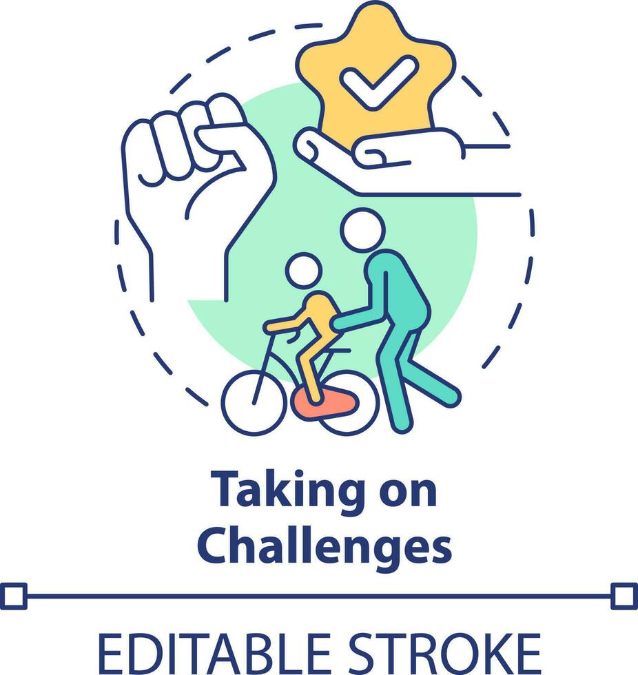 Taking on challenges concept icon. Life skill for children abstract idea thin line illustration. Overcome obstacles. Isolated outline drawing. Editable stroke vector