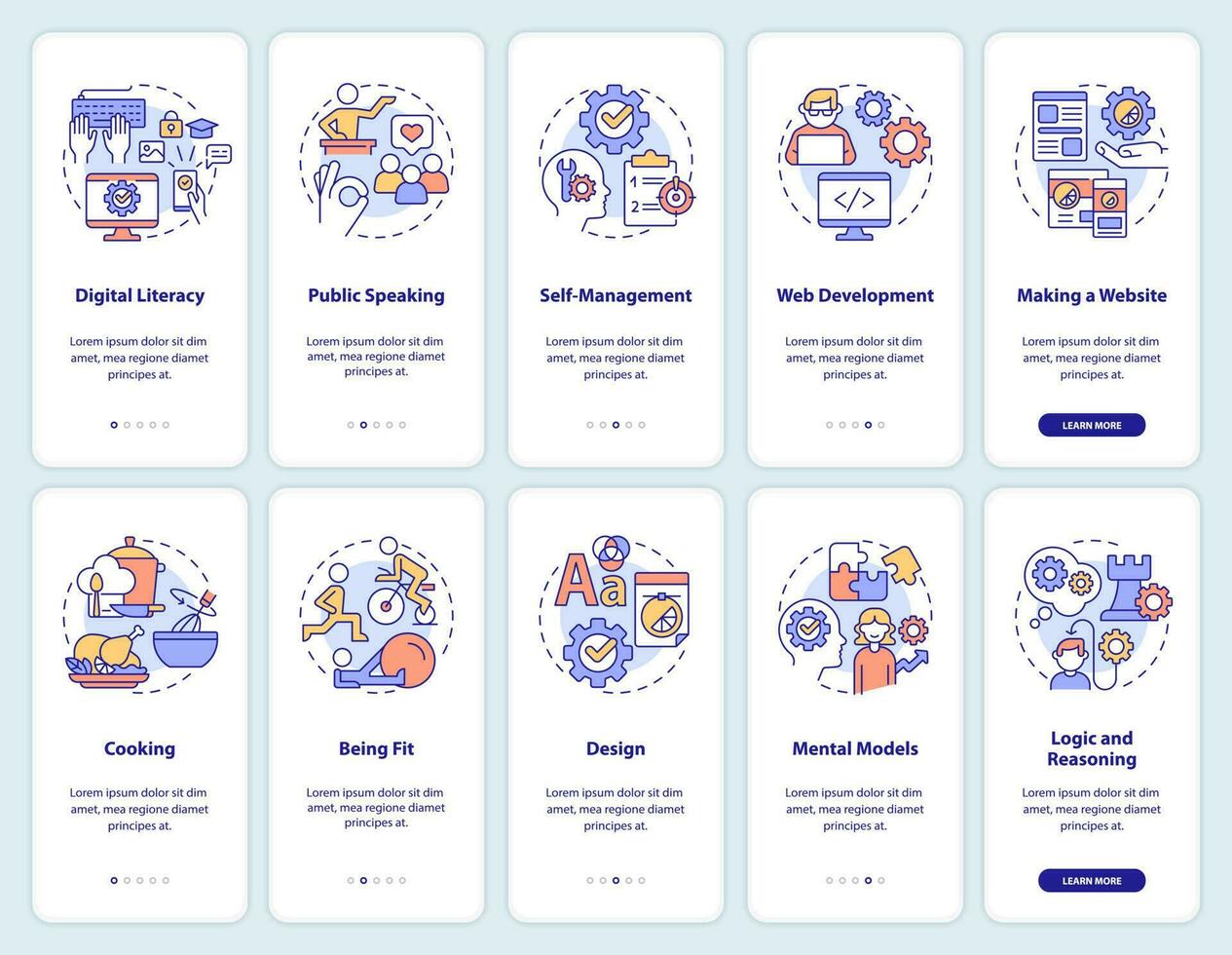 Important life skills onboarding mobile app screen set. Learning walkthrough 5 steps editable graphic instructions with linear concepts. UI, UX, GUI template vector