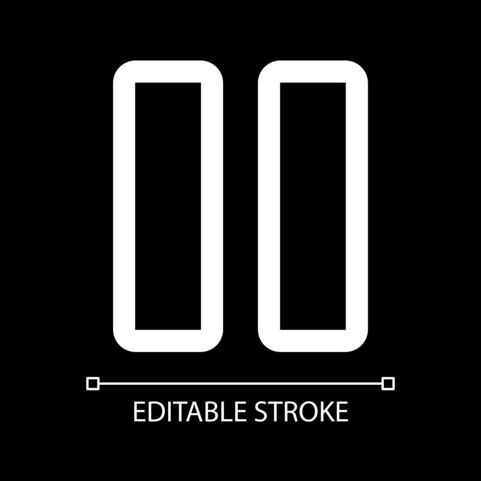 Pause white linear ui icon for dark theme. Interruption of song. Multimedia player control. Vector line pictogram. Isolated user interface symbol for night mode. Editable stroke