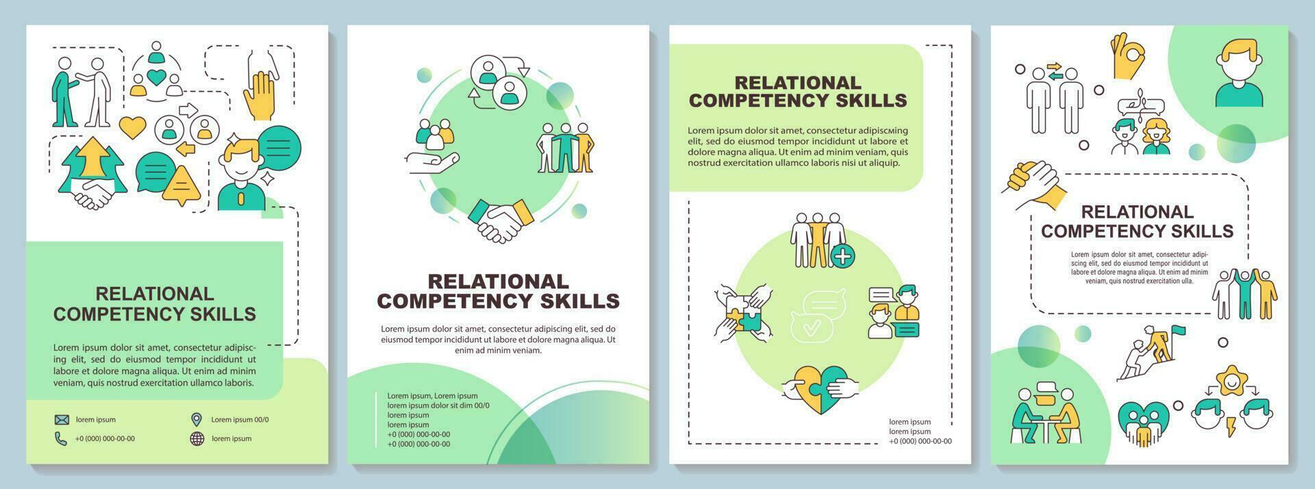 Skills of relational competency green brochure template. Leaflet design with linear icons. Editable 4 vector layouts for presentation, annual reports