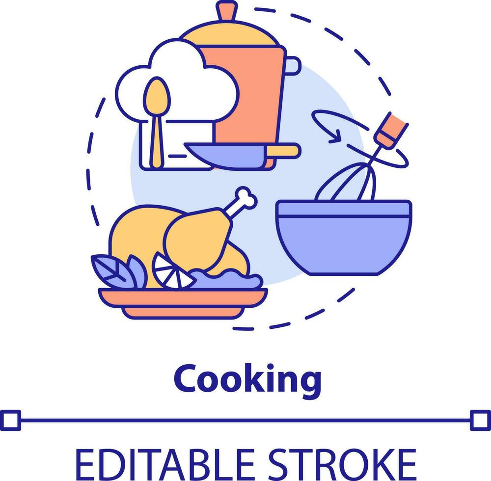 Cooking concept icon. Basic life skill abstract idea thin line illustration. Food preparation. Culinary art. Kitchen tips. Isolated outline drawing. Editable stroke vector