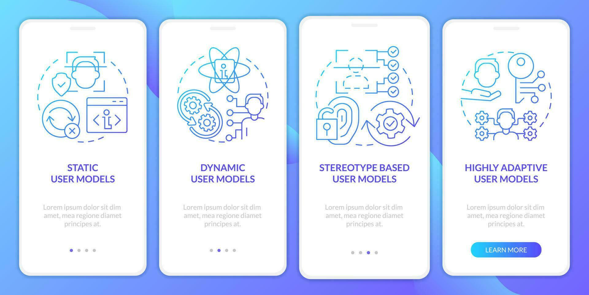 User modeling blue gradient onboarding mobile app screen. Interaction walkthrough 4 steps graphic instructions with linear concepts. UI, UX, GUI template vector