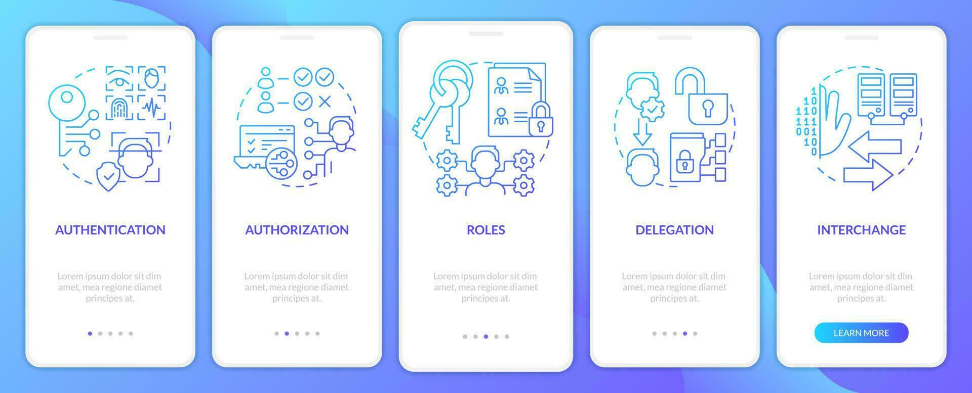 System capabilities blue gradient onboarding mobile app screen. Authorization walkthrough 5 steps graphic instructions with linear concepts. UI, UX, GUI template vector