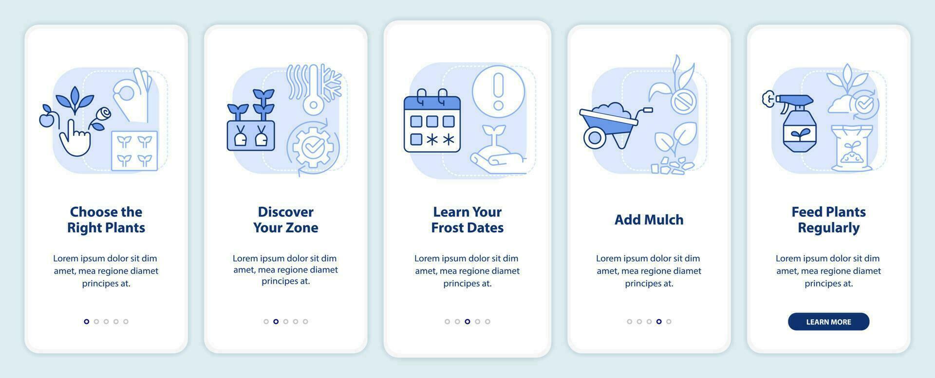 Tips for gardening light blue onboarding mobile app screen. Planting walkthrough 5 steps editable graphic instructions with linear concepts. UI, UX, GUI template vector