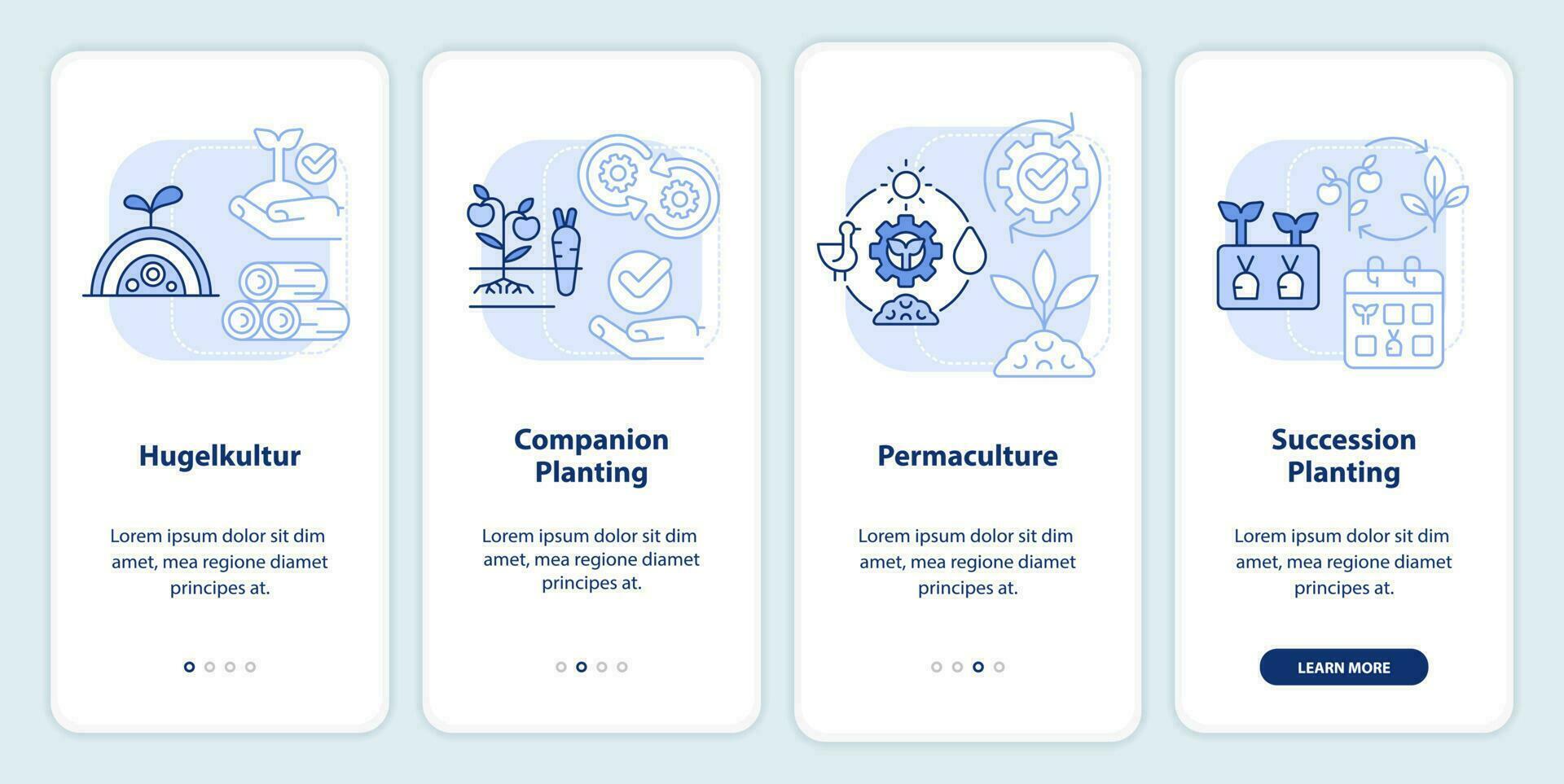 Methods of gardening light blue onboarding mobile app screen. Planting walkthrough 4 steps editable graphic instructions with linear concepts. UI, UX, GUI template vector