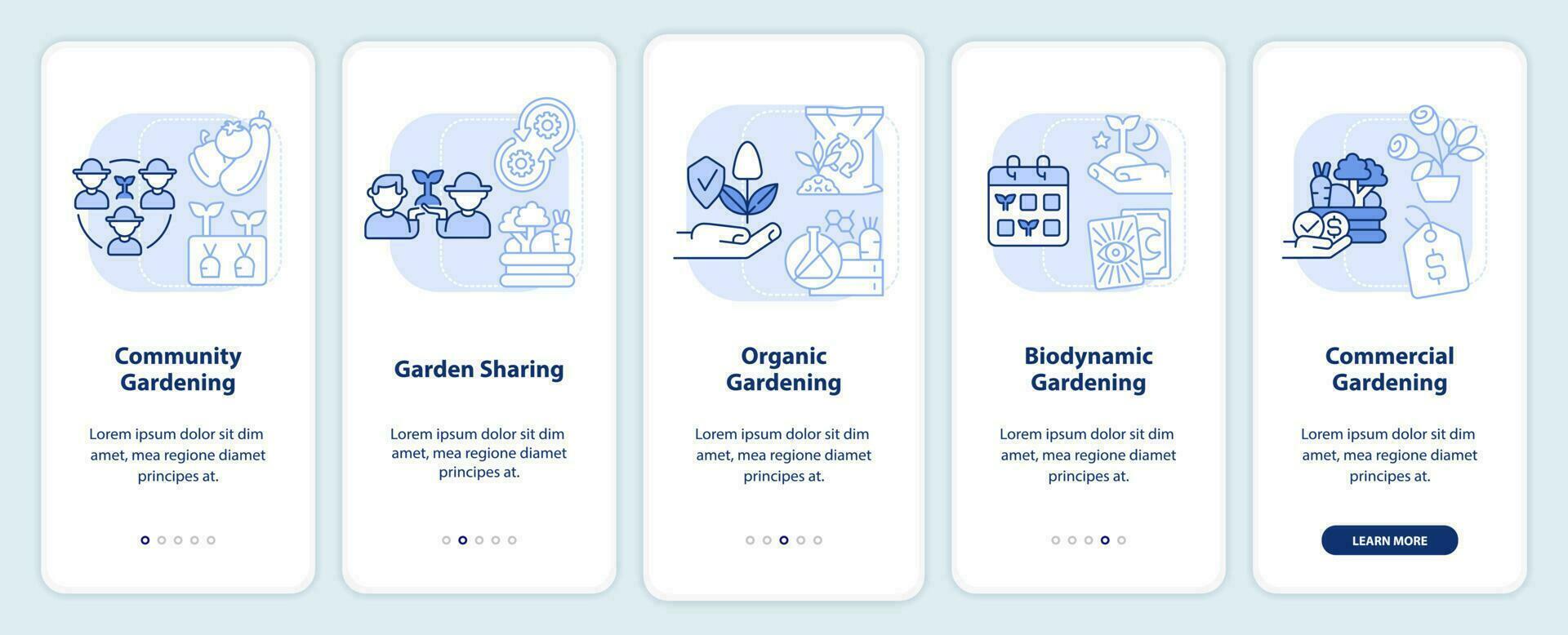 Types of gardening light blue onboarding mobile app screen. Walkthrough 5 steps editable graphic instructions with linear concepts. UI, UX, GUI template vector